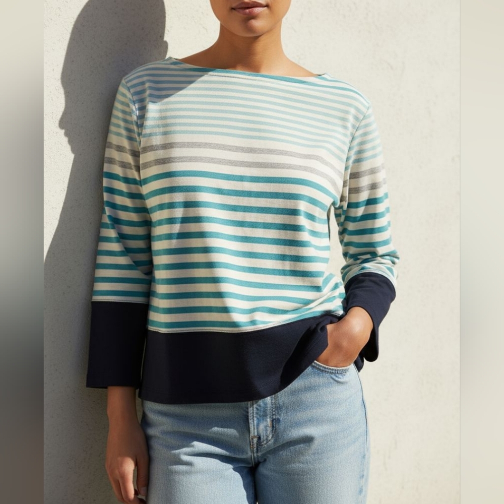 Randall Stripe Authentic Talbots Tee LP Teal Navy White‎ Nautical Coastal Sport